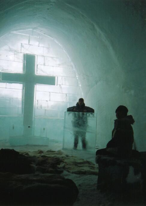 Lisa and Maggie in the Ice Church at the Ice Hotel