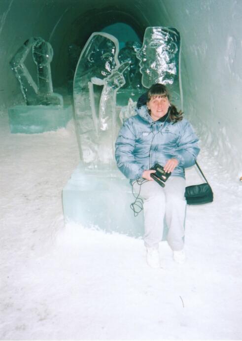 Lisa sitting with one of the many ice sculptures