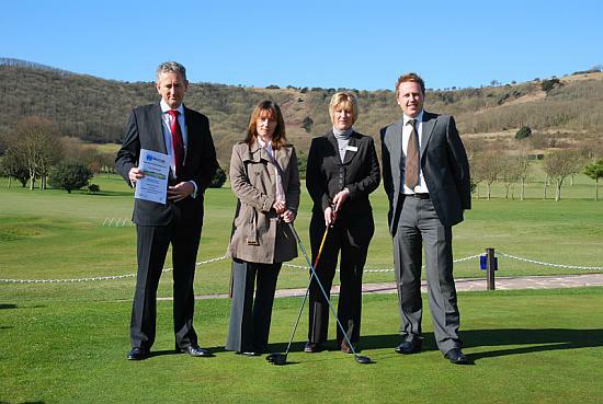 Fundraisers from National Talking Newspapers and Magazines and St Wilfrid’s Hospice join representatives from Newman Business Solutions Ltd on the greens at Willingdon Golf Course, Eastbourne